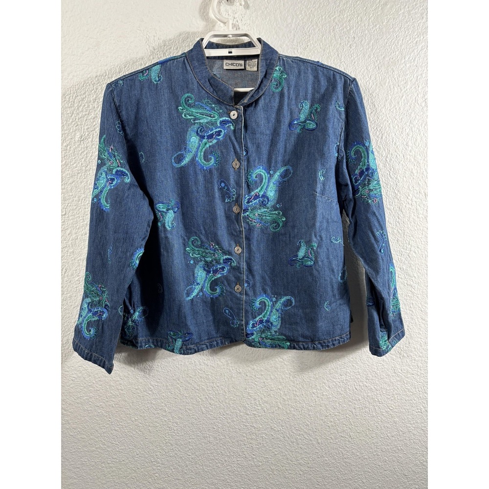 Chicos Jacket Womens 2 Blue Paisley Embroidered Denim Button‎ Front Boho